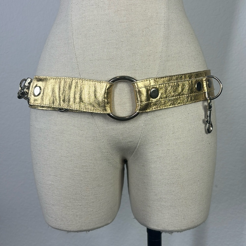 Allison Burns gold metallic adjustable d ring belt with swivel hook clasp